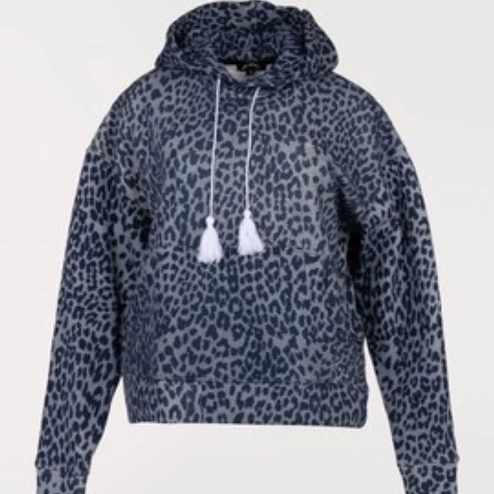 The Upside Blue Leopard Print Mock Neck Drawstring Hoodie Sweatshirt